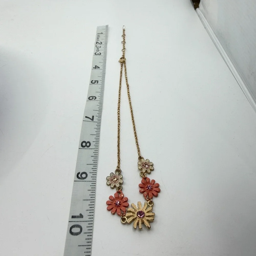 Gold Tone Pink Floral Rhinestone Necklace Daisy Coquette Cottagecore Gift
